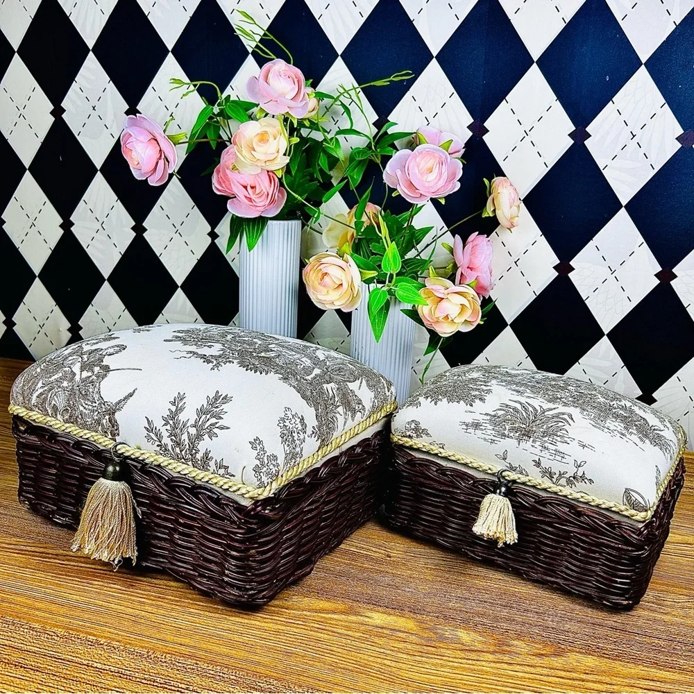 French‎ Country Toile Boxes Wicker Lined Tassel Pair Vintage Luxury